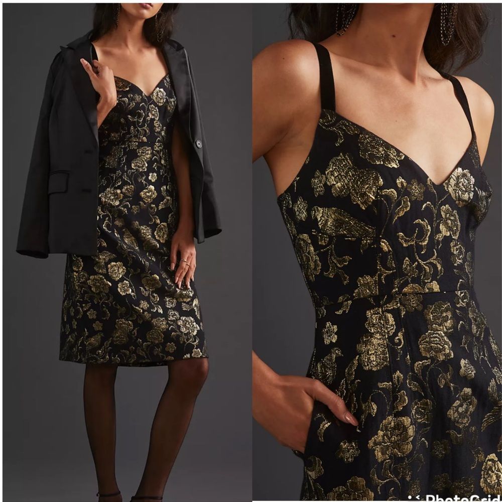 NEW Maeve Anthropologie Slim Jacquard Mini Dress Black Gold 14